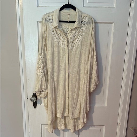 Free People Tops - Free People Button Up Oversized Cream Color Shirt with Embroidered Front/Back